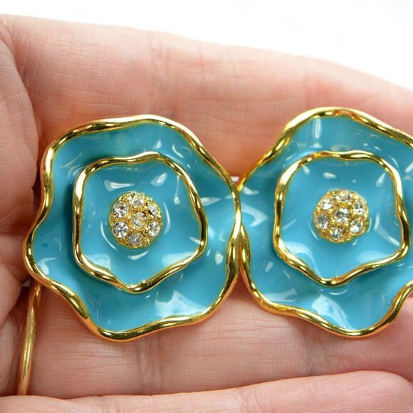 Kenneth Jay Lane KJL Blue Enamel Flower Clip-on Earrings - Picture 2 of 4